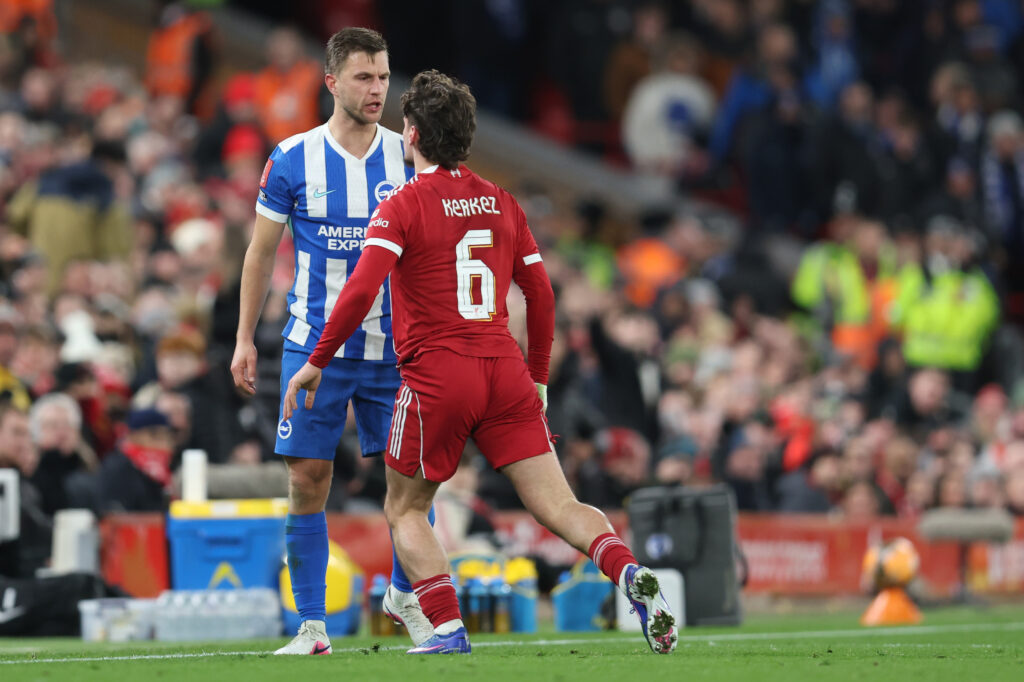 Milos Kerkez squares up to Brighton player