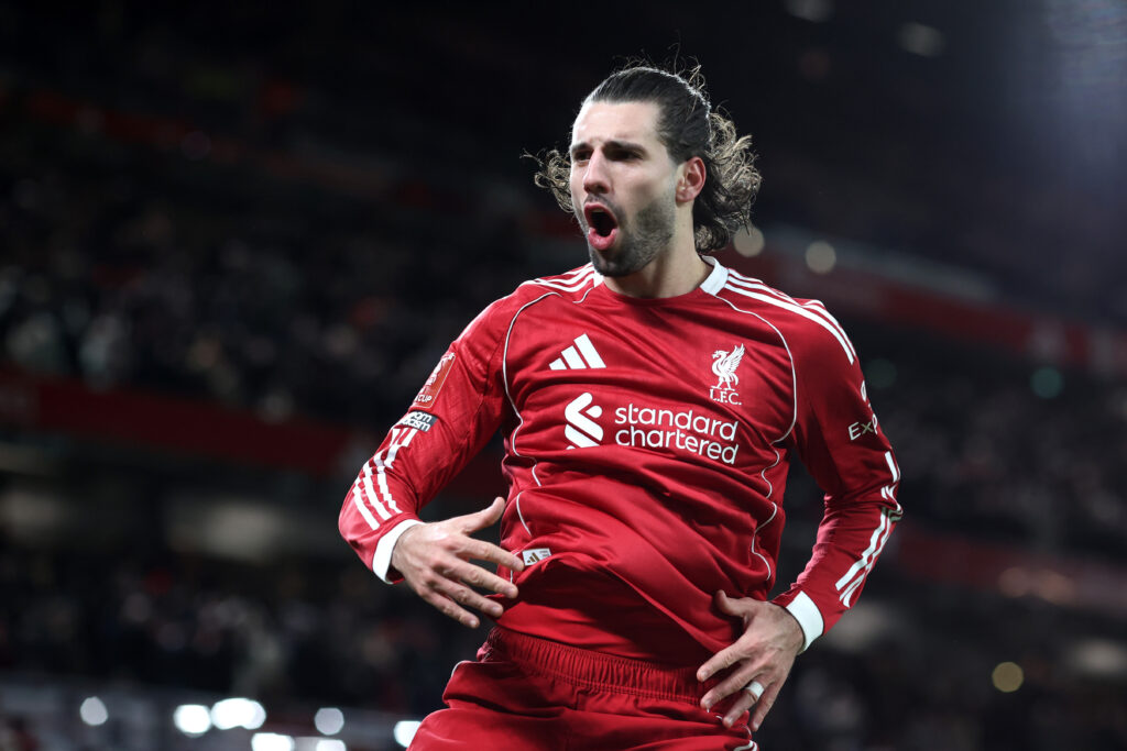 Dominik Szoboszlai celebrates after scoring for Liverpool in the FA Cup fourth round match against Brighton & Hove Albion at Anfield.
