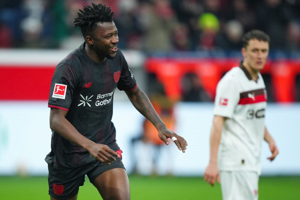 Edmond Tapsoba celebrates after scoring for Bayer Leverkusen against St Pauli in the Bundesliga