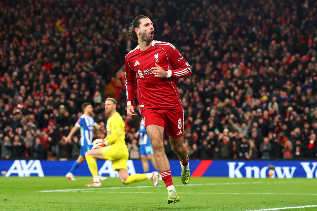 Dominik Szoboszlai celebrates after scoring for Liverpool in the FA Cup fourth round against Brighton & Hove Albion at Anfield.