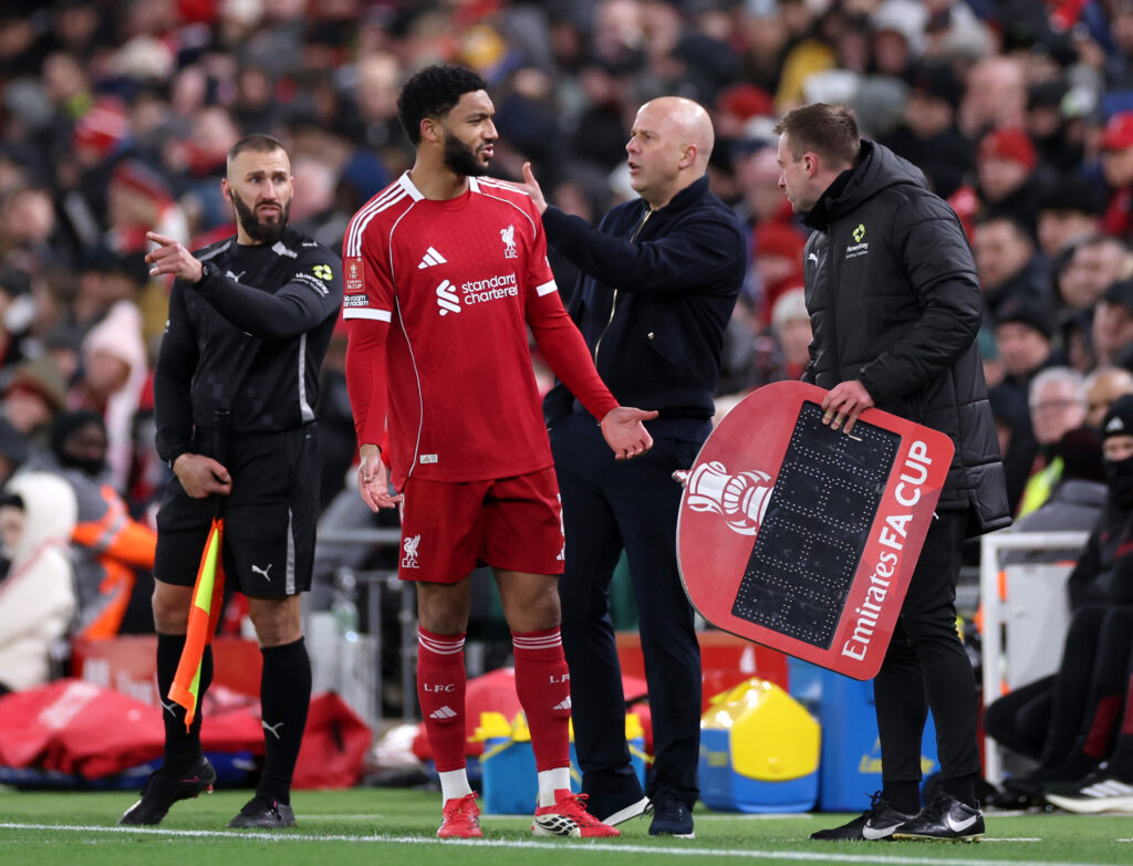 Joe Gomez prepares to come on as a substitute during Liverpool's FA Cup match against Brighton & Hove Albion at Anfield.