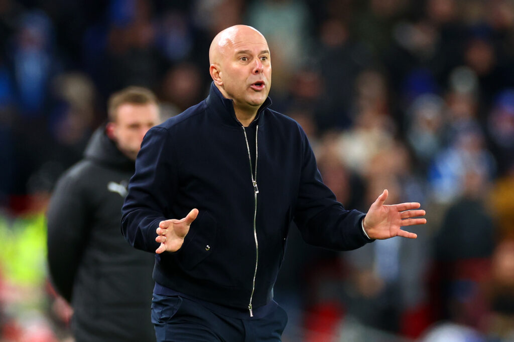 Arne Slot directs his team during Liverpool's FA Cup fourth round match against Brighton & Hove Albion at Anfield.