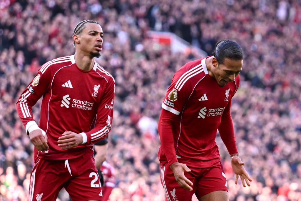 Virgil van Dijk of Liverpool celebrates scoring his team's second goal with teammate Hugo Ekitike during the Premier League match between Liverpool and West Ham United