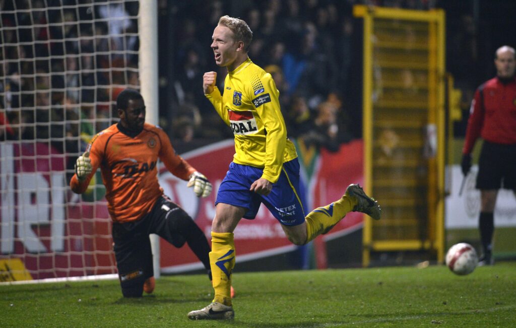 Laurens Paulussen of Kvc Westerlo celebrates after scoring against Sporting Lokeren in the Belgian Cup