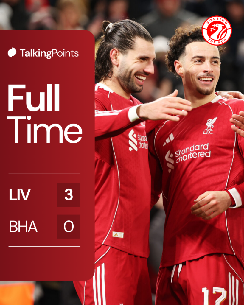 Dominik Szoboszlai, Curtis Jones and Mohamed Salah celebrate after Szoboszlai scores for Liverpool in the FA Cup match against Brighton & Hove Albion at Anfield (Creidt: Getty Images/Liverpool FC).