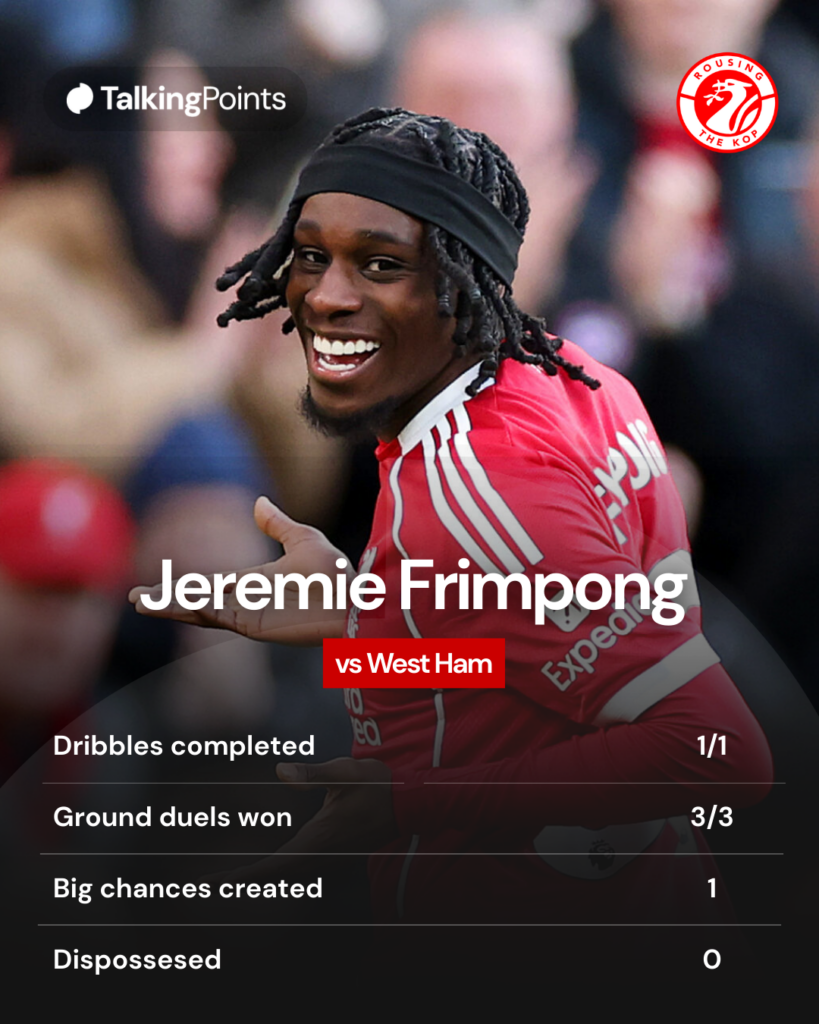Jeremie Frimpong celebrates after forcing an own goal during Liverpool's Premier League win over West Ham United at Anfield (Credit: Getty Images/Dan Mullan).