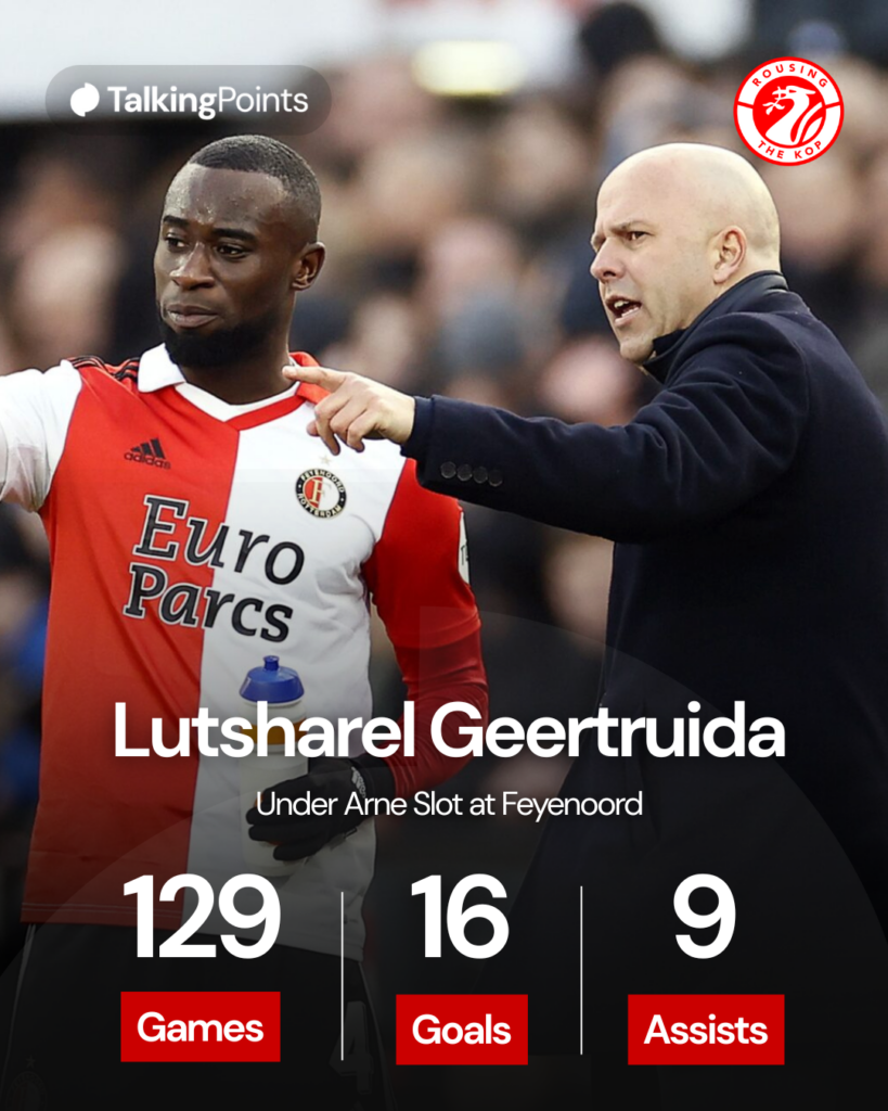 Lutsharel Geertruida and Arne Slot discuss something on the touchline during the Eredivisie match between Feyenoord and PSV Eindhoven at De Kuip (Credit: Getty Images/ANP).