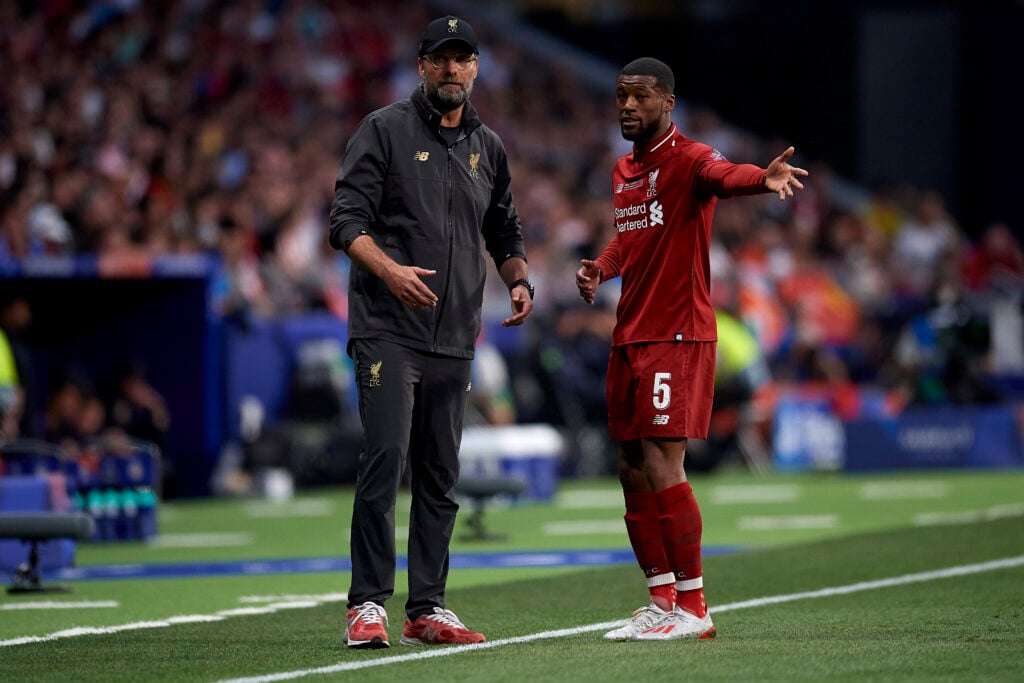 Gini Wijnaldum and Jurgen Klopp pictured in discussion during the UEFA Champions League final between Liverpool and Tottenham Hotspur