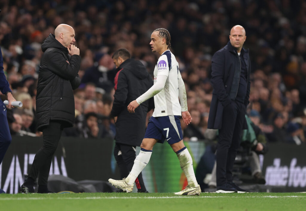 Arne Slot watches on as Xavi Simons walks from the pitch at the Tottenham Hotspur Stadium after being sent off during the Premier League match against Liverpool.