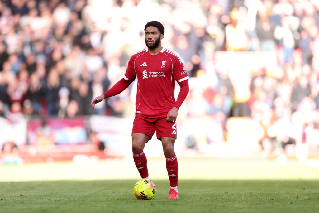 Joe Gomez pictured with the ball at his feet during Liverpool's Premier League match against West Ham United at Anfield.