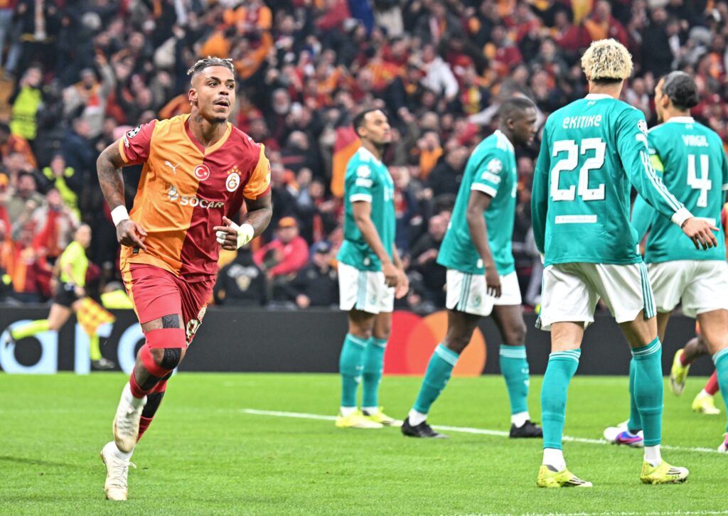 Mario Lemina (L) of Galatasaray celebrates after scoring during the UEFA Champions League round of 16 play-off first leg match between Galatasaray and Liverpool at RAMS Park in Istanbul, Turkiye, on March 10, 2026.