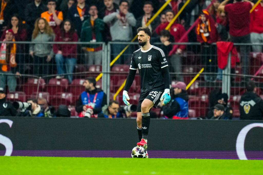 Giorgi Mamardashvili on the ball during Liverpool's UEFA Champions League match against Galatasaray at RAMS Park.