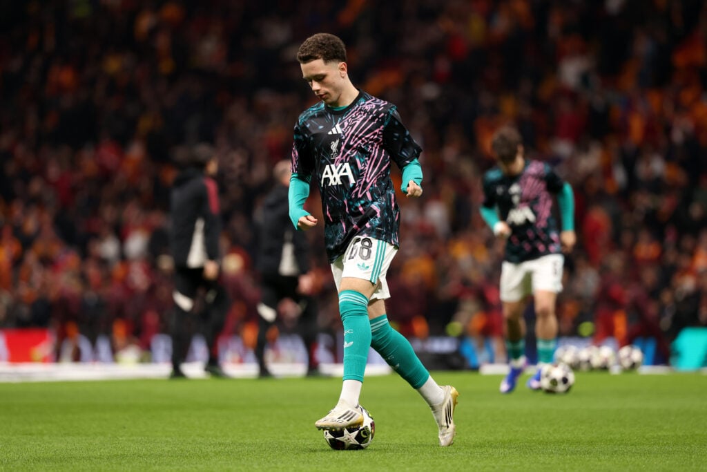 Kieran Morrison warms up ahead of Liverpool's UEFA Champions League last-16 first-leg match against Galatasaray at RAMS Park.