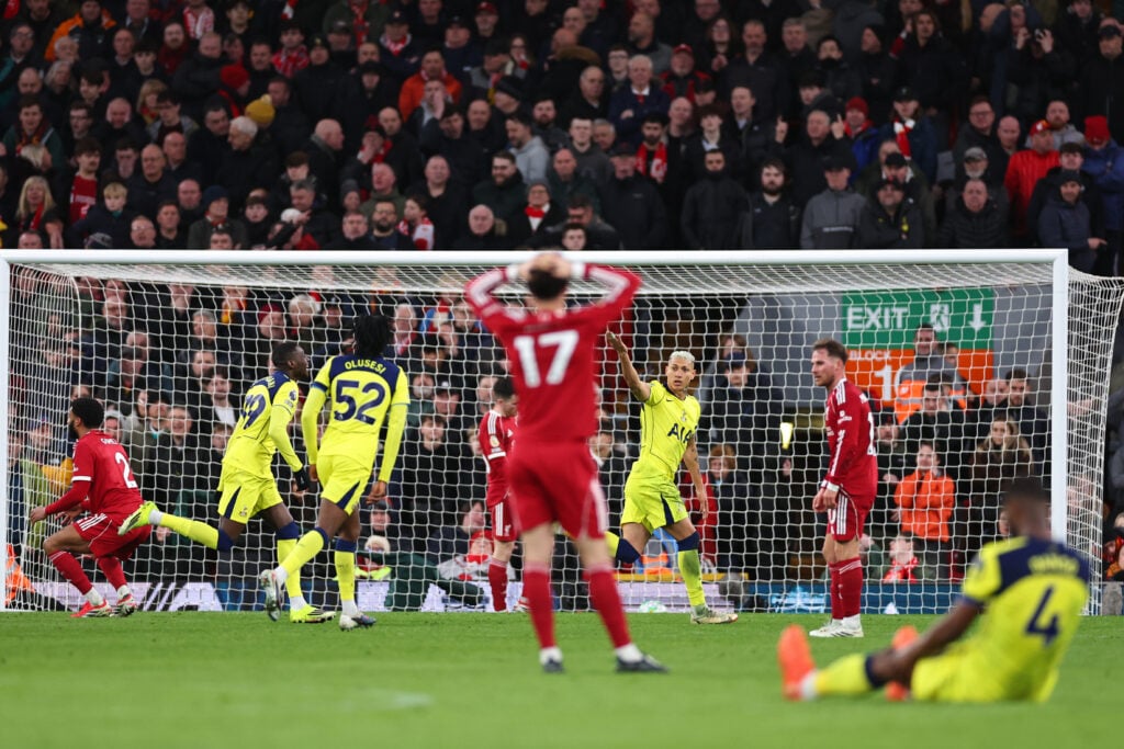 rICHARLISON SCORES FOR tOTTENHAM AGAINST lIVERPOOL