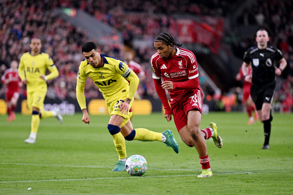 Rio Ngumoha runs with the ball during Liverpool's Premier League match against Tottenham Hotspur at Anfield.