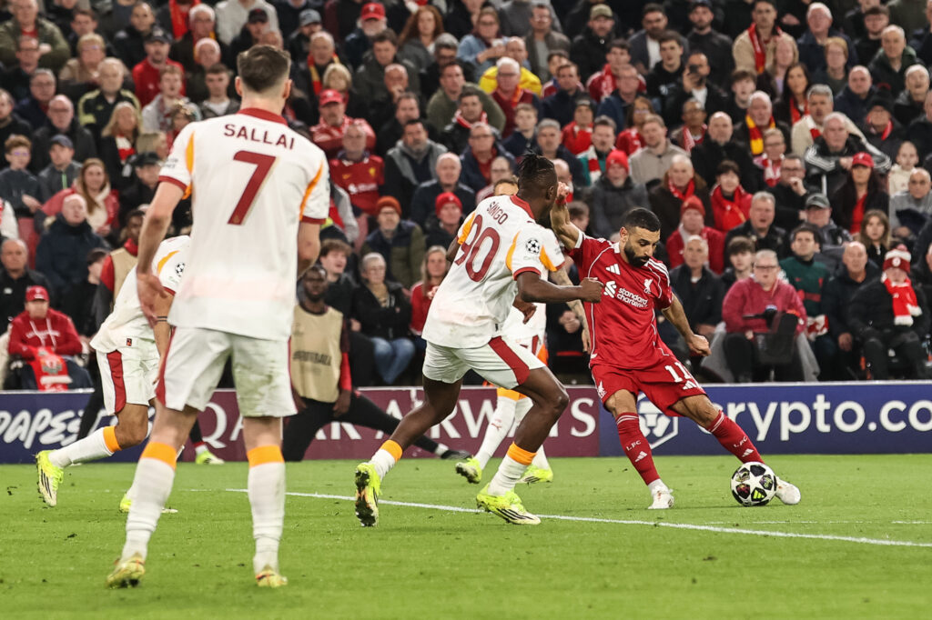 Mohamed Salah scores for Liverpool during their UEFA Champions League last-16 second-leg match against Galatasaray at Anfield.
