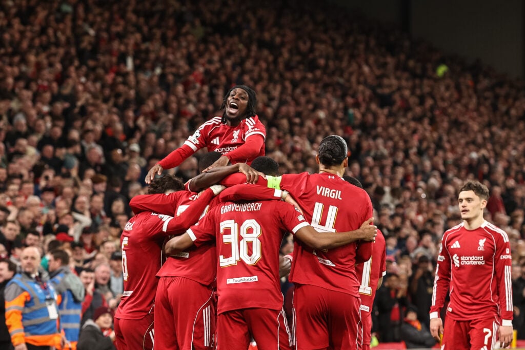 Liverpool players celebrate after Ryan Gravenberch scores during their UEFA Champions League last-16 second leg match against Galatasaray at Anfield
