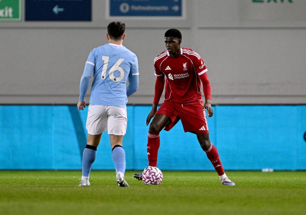 Mor Talla Ndiaye on the ball for Liverpool during the Premier League 2 match against Manchester City