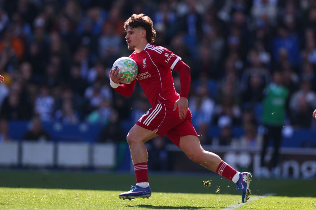 Milos Kerkez celebrates after scoring for Liverpool during their Premier League match against Brighton & Hove Albion at the Amex Stadium