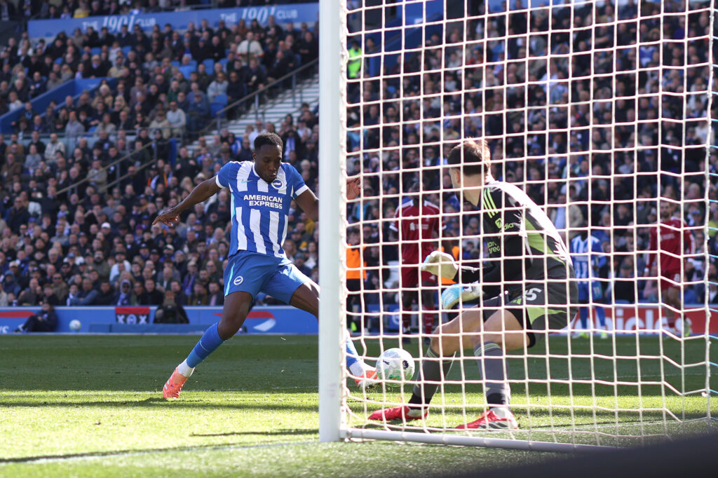 Danny Welbeck scores for Brighton & Hove Albion during their Premier League match against Liverpool at the Amex Stadium