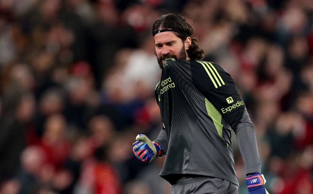 Alisson Becker celebrates a Liverpool goal during their UEFA Champions League last-16 second-leg match against Galatasaray at Anfield.