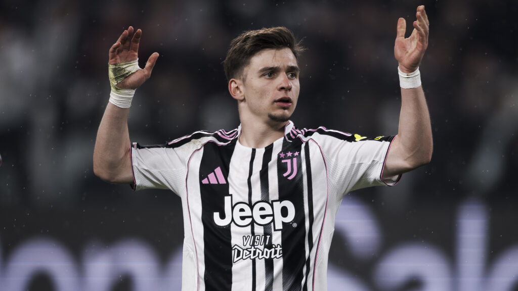 Francisco Conceicao reacts during Juventus' Serie A match against Sassuolo at the Allianz Stadium