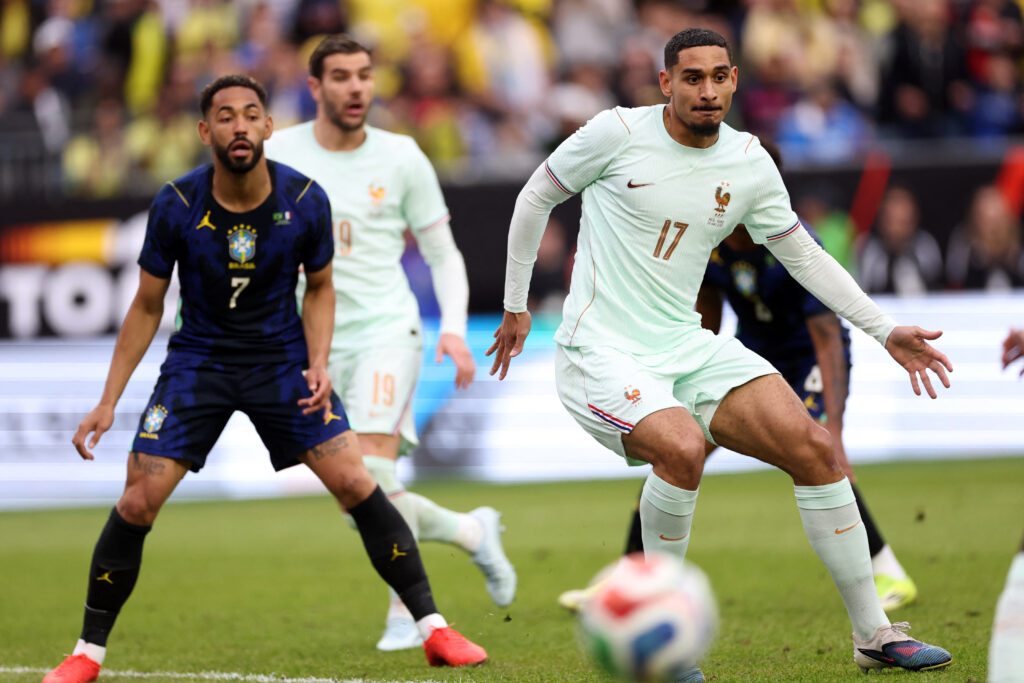 Maxence Lacroix and Matheus Cunha pictured during the international friendly match between France and Brazil in Massachusetts