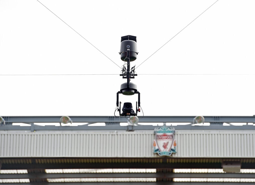 Spidercam at the Premier League match between Liverpool and Arsenal at Anfield on August 27, 2017 in Liverpool, England.