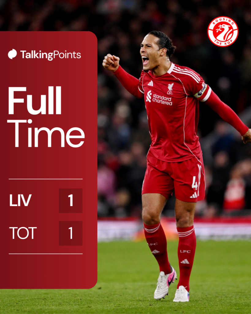 Virgil van Dijk reacts after Tottenham score during the Premier League match against Liverpool at Anfield (Credit: Getty Images/Liverpool FC),