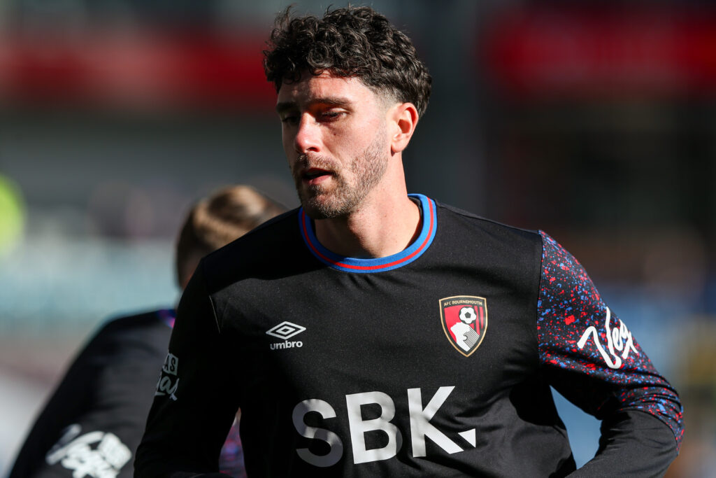 Marcos Senesi warms up ahead of the Premier League match between Burnley and Bournemouth at Turf Moor.