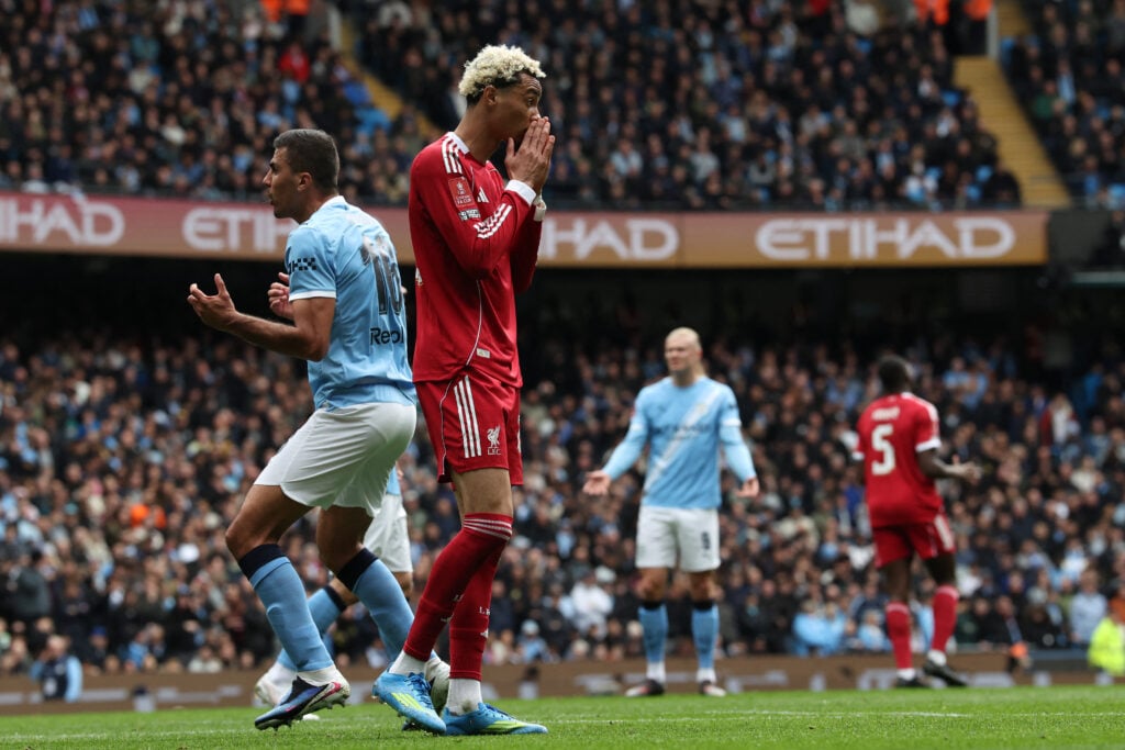 Hugo Ekitike reacts after missing a chance for Liverpool during the FA Cup quarter-final against Manchester City at the Etihad Stadium.