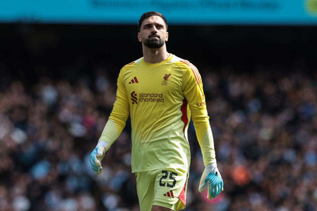 Giorgi Mamardashvili pictured during Liverpool's FA Cup quarter-final against Manchester City at the Etihad Stadium.