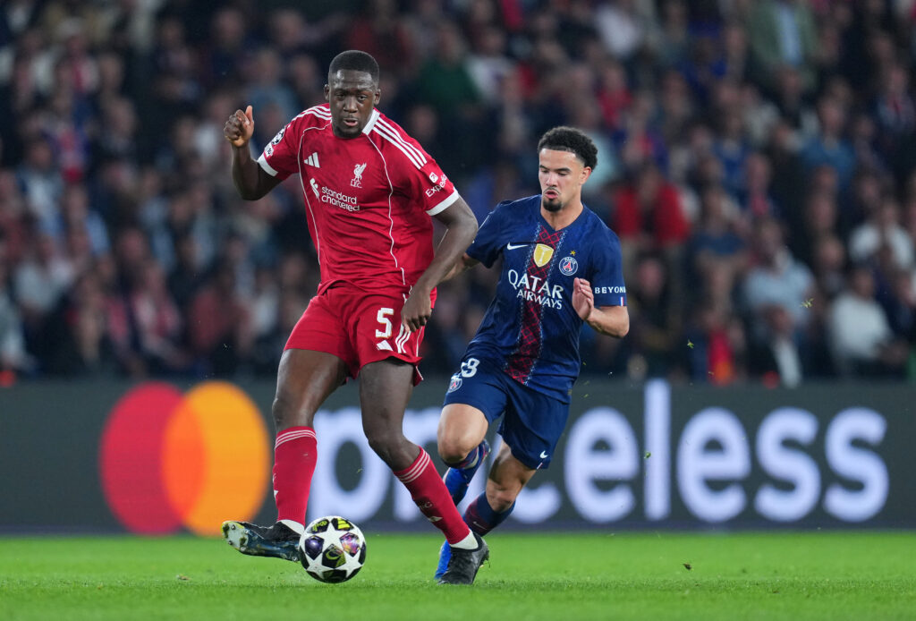 Ibrahima Konate passes the ball during Liverpool's UEFA Champions League quarter-final match against Paris Saint Germain at Parc des Princes.