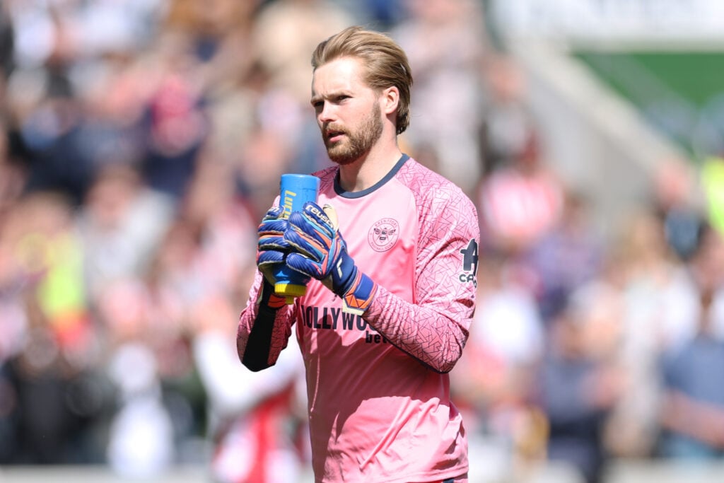 Brentford's Caoimhin Kelleher applauds fans ahead of the Premier League match against Fulham at the Gtech Community Stadium