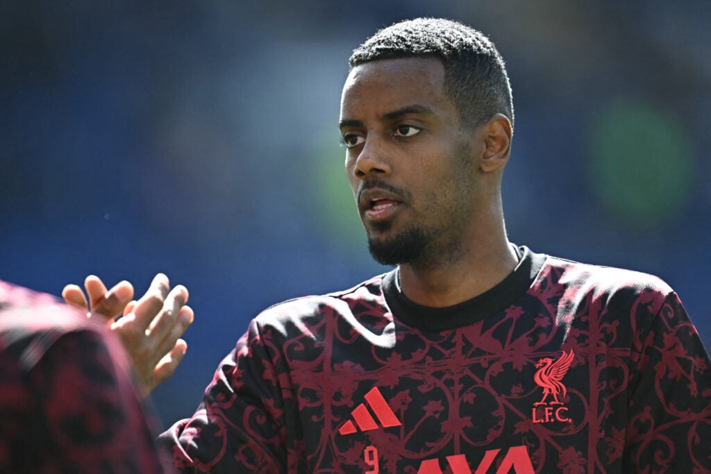 Alexander Isak warms up ahead of the English Premier League football match between Everton and Liverpool