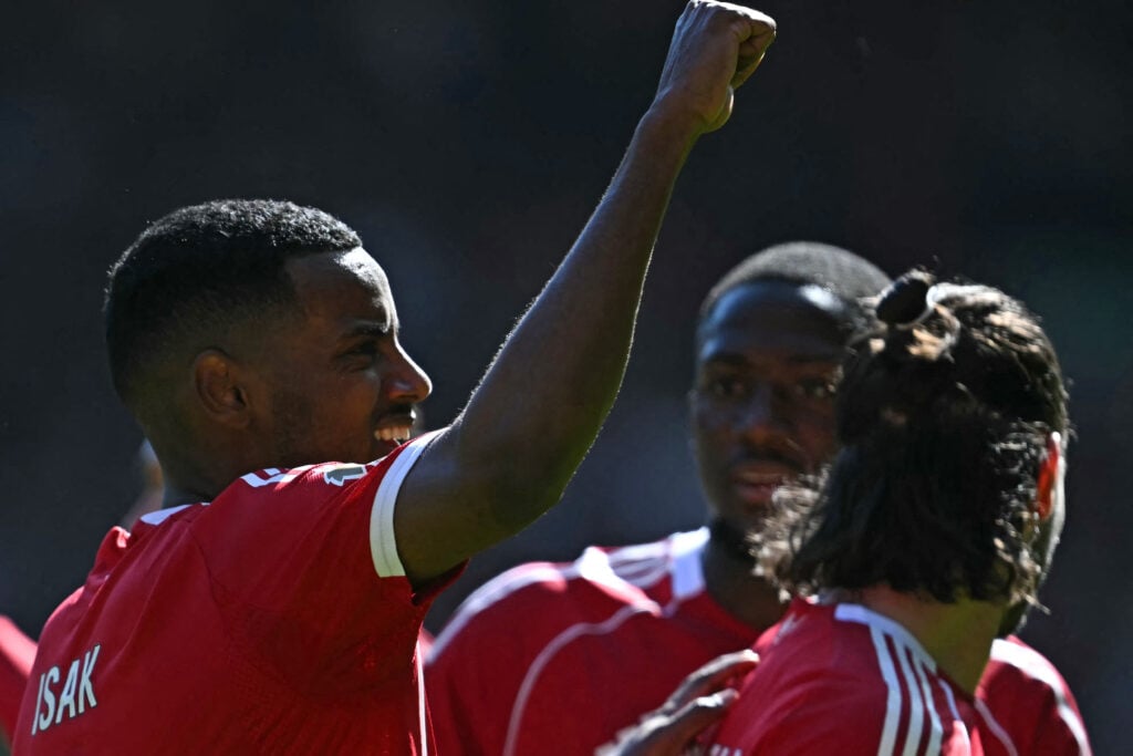 Alexander Isak celebrates Liverpool goal