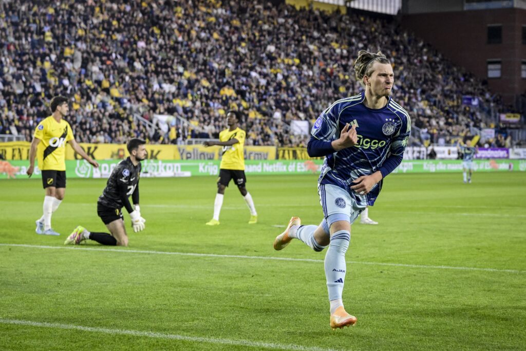Mika Godts celebrates goal for Ajax vs NAC Breda