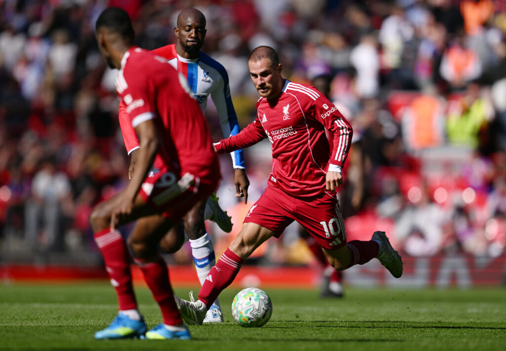 Alexis Mac Allister pictured on the ball during Liverpool's Premier League match against Crystal Palace at Anfield.