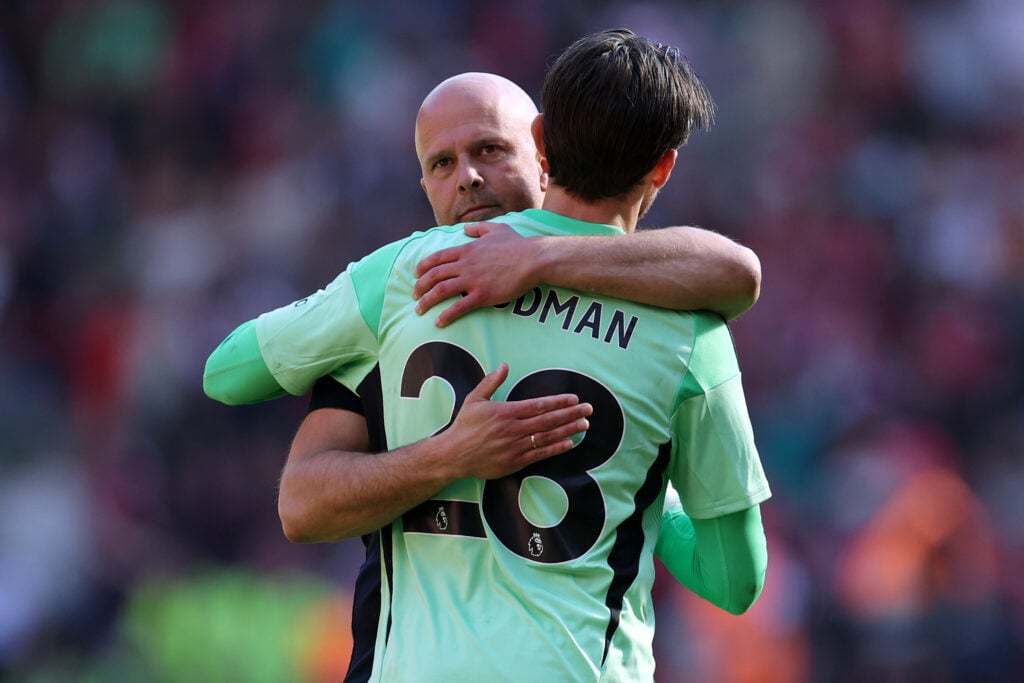 Arne Slot and Freddie Woodman after Liverpool v Crystal Palace - Premier League