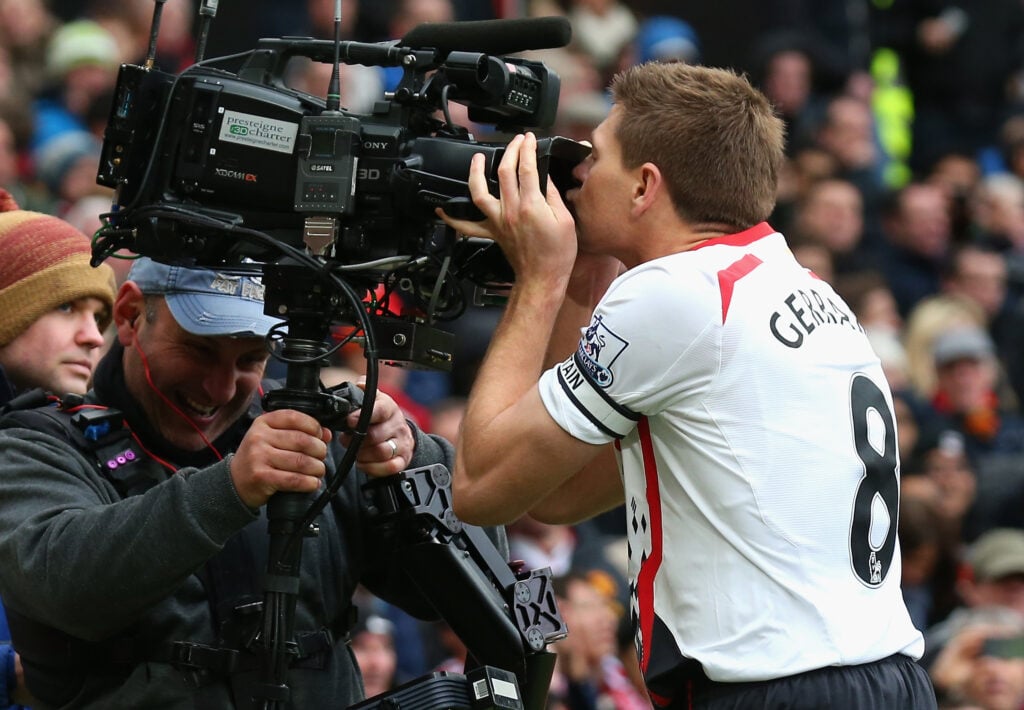 Steven Gerrard kisses camera after scoring during Manchester United v Liverpool