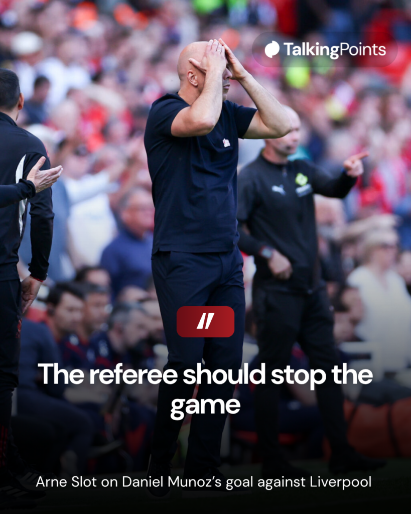 Arne Slot reacts in disbelief after seeing Daniel Munoz score during Liverpool's Premier League match against Crystal Palace at Anfield (Credit: Getty Images/Robbie Jay Barratt - AMA).