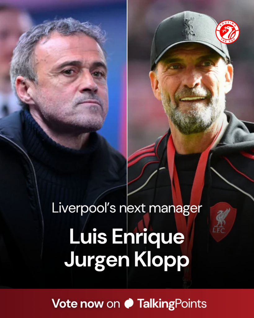 Luis Enrique arrives at Parc des Princes ahead of Paris Saint Germain's UEFA Champions League match against Brest (Credit: Getty Images/Dan Mullan - UEFA). Jurgen Klopp pictured at Anfield ahead of Liverpool Legends' match against Borussia Dortmund Legends (Credit: Getty Images/PETER POWELL / AFP).