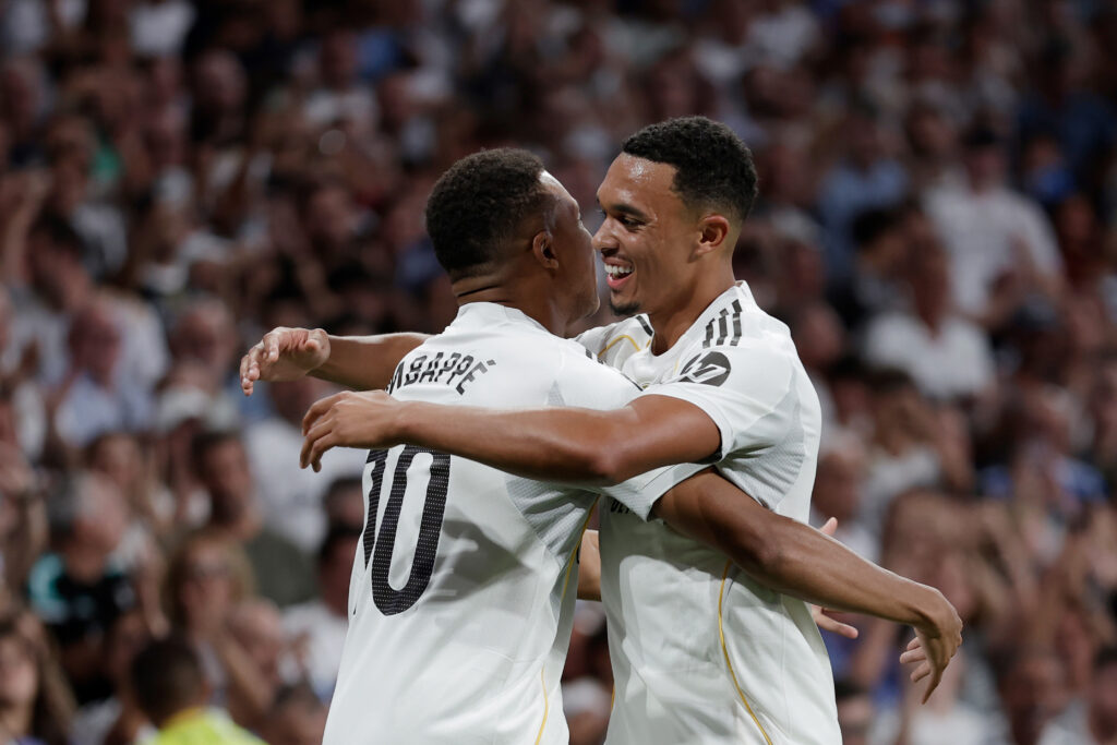 Trent Alexander-Arnold and Kylian Mbappe celebrate Real Madrid goal