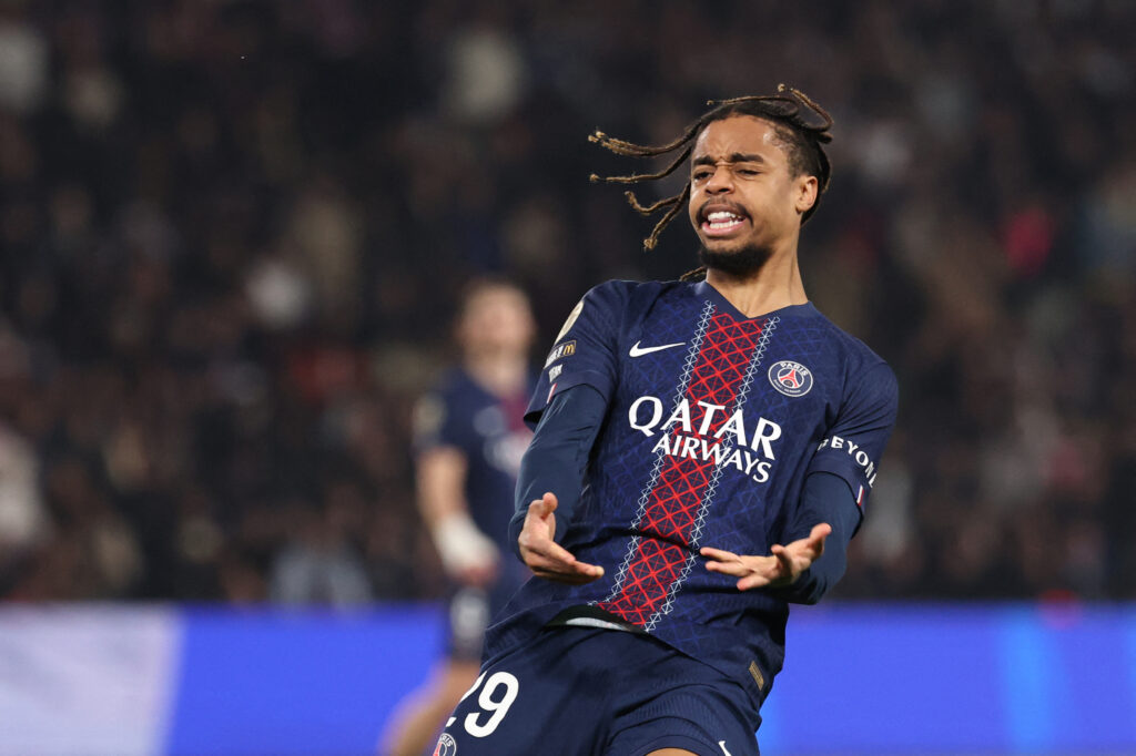 Paris Saint-Germain's Bradley Barcola pictured during the Ligue 1 match against Monaco at Parc des Princes