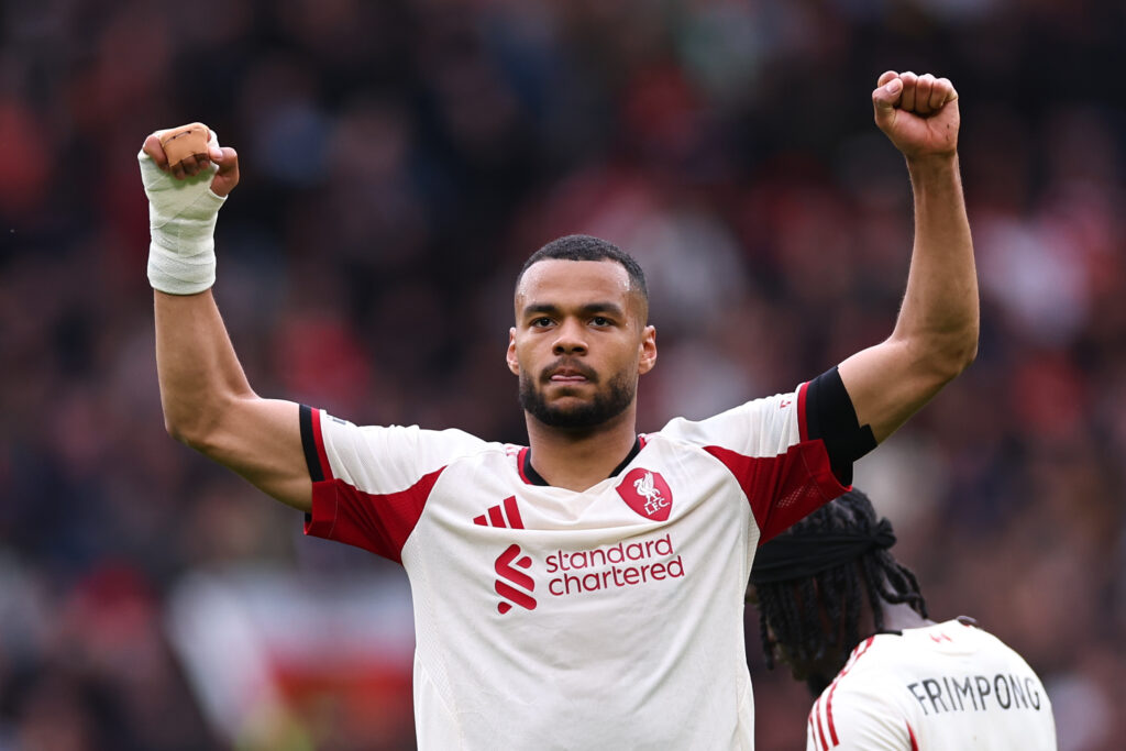 Cody Gakpo celebrates towards the Liverpool fans after scoring during the Premier League match against Manchester United at Old Trafford.