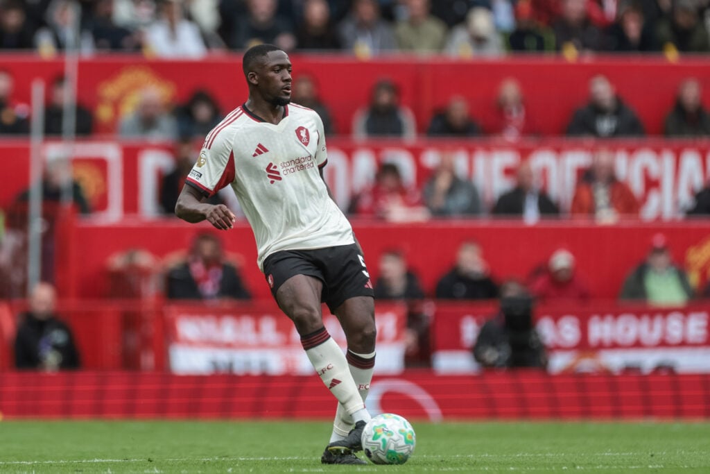 Ibrahima Konate passes the ball during Liverpool's Premier League match against Manchester United at Old Trafford.