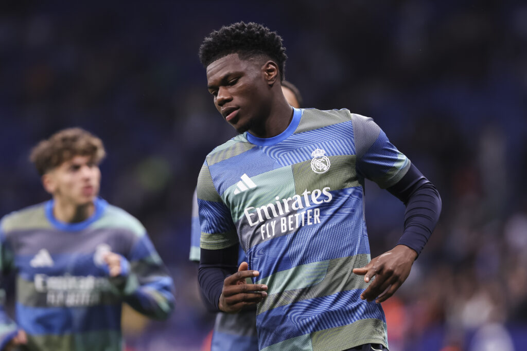 Aurelien Tchouameni warms up ahead of Real Madrid's La Liga match against Rcd Espanyol