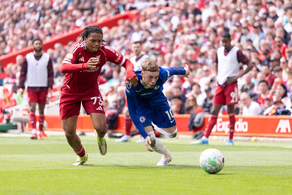 Rio Ngumoha and Cole Palmer during Liverpool v Chelsea - Premier League