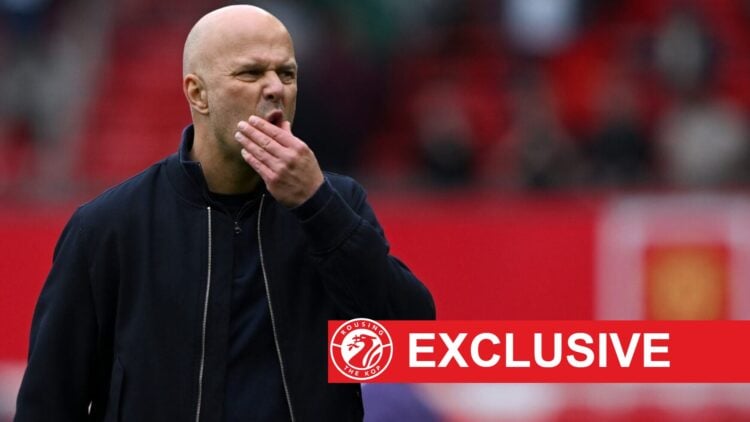 Arne Slot reacts during Liverpool's Premier League match against Manchester United at Old Trafford.