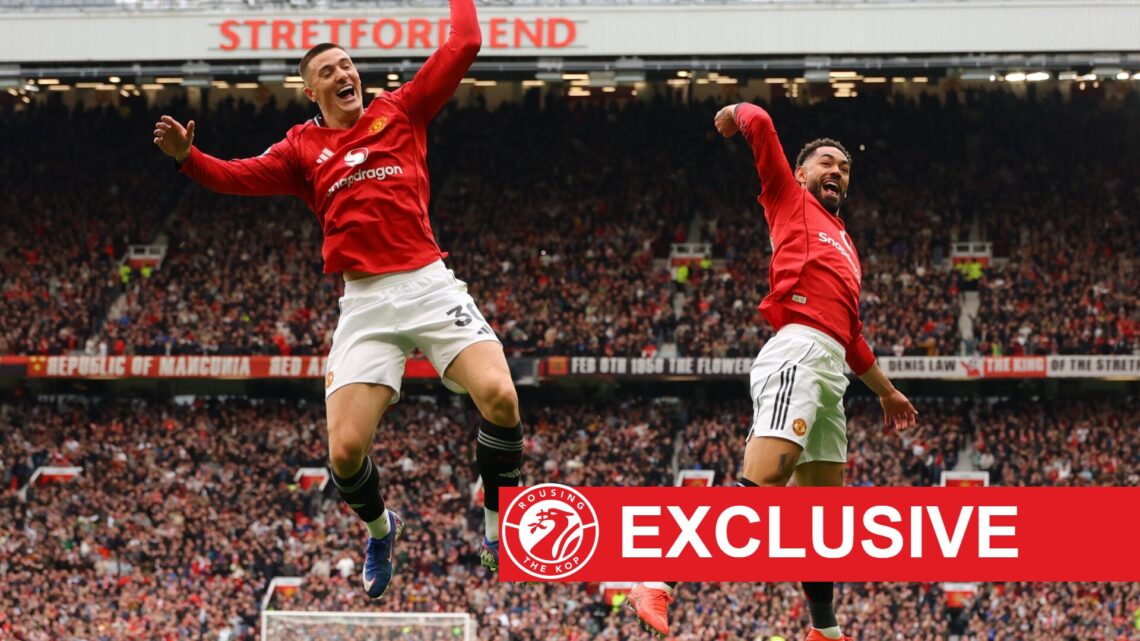Benjamin Sesko and Matheus Cunha celebrate after scoring for Manchester United against Liverpool during the Premier League match at Old Trafford